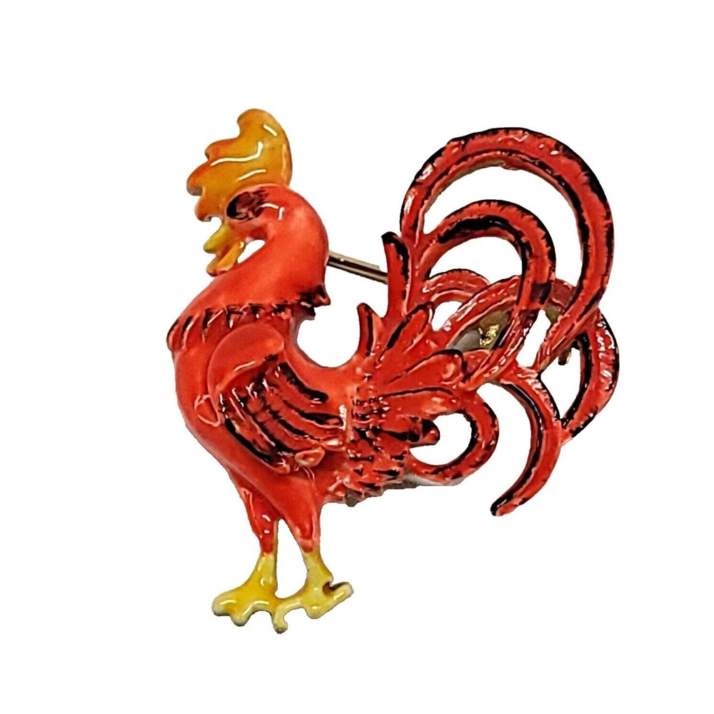 Original by Robert Enamel Rooster Brooch 1.46" Vtg Pin oriental red